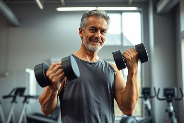 Mature man working out at the gym. He's lifting black dumbbells, smiling, and wearing a gray tank top. The fitness environment features exercise equipment and a bright, modern aesthetic.