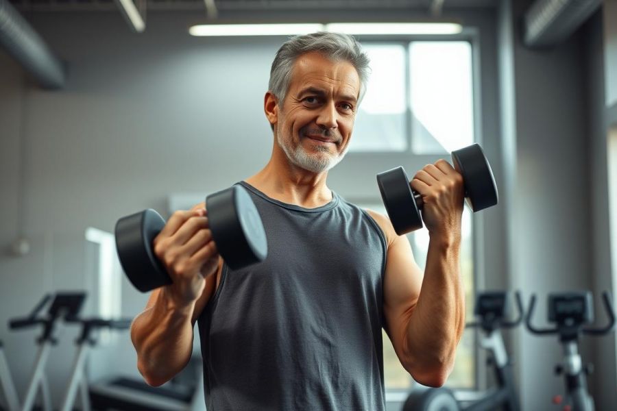 Mature man working out at the gym. He's lifting black dumbbells, smiling, and wearing a gray tank top. The fitness environment features exercise equipment and a bright, modern aesthetic.