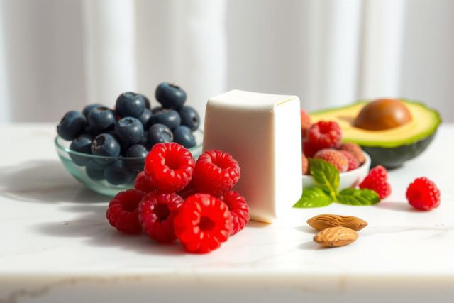 Fresh berries including raspberries, blueberries, and sliced avocado are arranged on a white surface, showcasing a vibrant and healthy food still life. The image features bright colors and natural light.