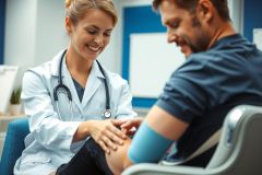 Doctor checks patient's blood pressure in a clinic. Healthcare professional in white coat assists a man during a medical examination. Bright, clean environment.