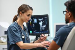 A female doctor in scrubs performs an ultrasound on a patient in a medical clinic. The image features diagnostic equipment and a focused examination setting.