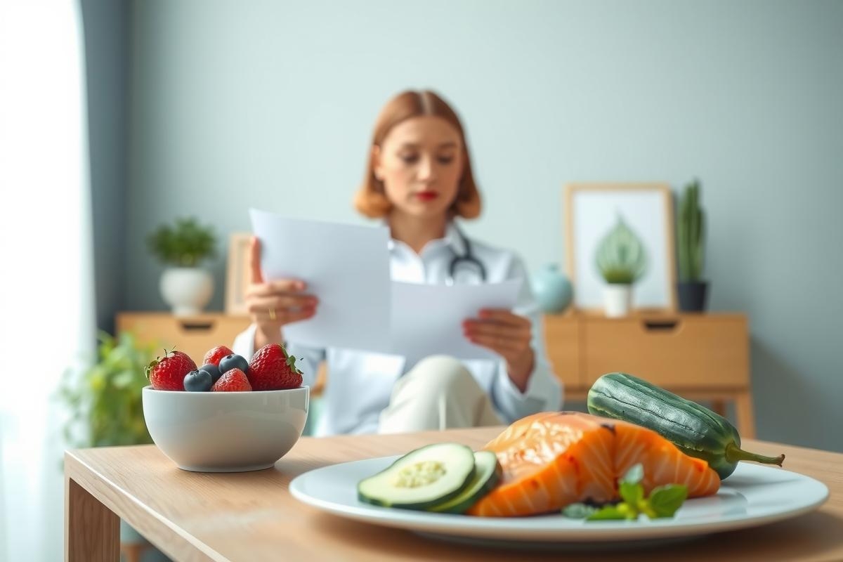 Healthy eating concept. A doctor examines documents near a plate of salmon, cucumber, and a bowl of berries. Focus on nutritious food and wellness.