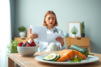 Healthy eating concept. A doctor examines documents near a plate of salmon, cucumber, and a bowl of berries. Focus on nutritious food and wellness.
