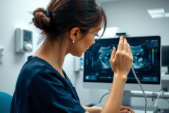 Female technician performing an ultrasound scan. The image shows a medical professional using ultrasound equipment in a clinical setting, with a screen displaying a black and white image. Focus on diagnostic imaging and healthcare.