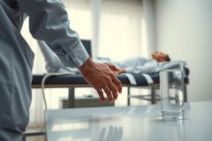 Close-up of a person's hand near a glass of water, with a person lying on a bed in the background. The scene suggests a medical or wellness setting with a modern, minimalist aesthetic. Blue tones dominate the color palette.
