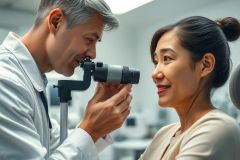 Optometrist examining a patient's vision with an ophthalmoscope in a clinical setting. The image depicts a healthcare professional and a woman undergoing an eye exam, showcasing medical care and eye health. Bright, neutral tones dominate the scene.