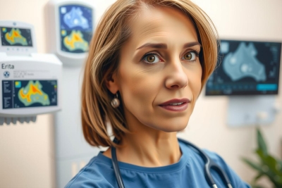 A female doctor, wearing a light blue scrub and stethoscope around her neck, is looking at the camera. She appears to be in a medical office with various pieces of equipment and monitors behind her.