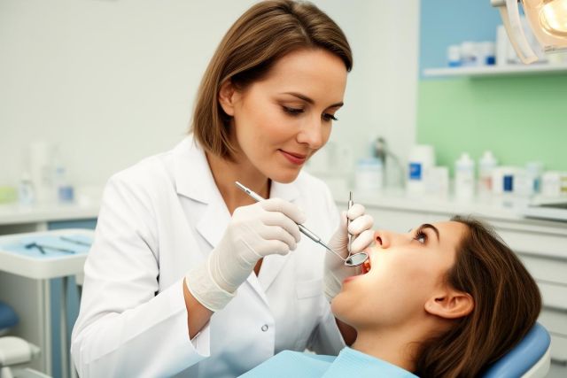Dentist in white coat examining a patient's open mouth with mirror and probe during a dental checkup
