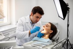 Dentist examines a reclining patient's teeth with mirror and probe in a treatment room.