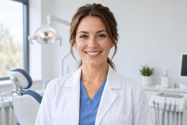 Smiling dentist in white coat standing in a clean dental operatory with chair.