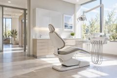 Modern, sunlit dental operatory with treatment chair, overhead light, and clean cabinetry.