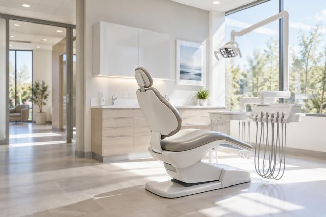 Modern, sunlit dental operatory with treatment chair, overhead light, and clean cabinetry.