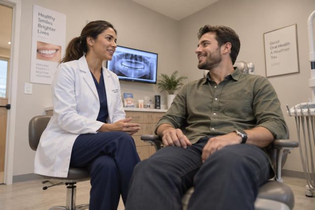 Dentist consulting smiling patient in exam chair with dental X-ray visible on screen.