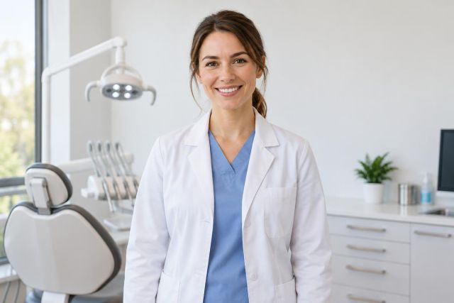 Smiling female dentist in clinic wearing white coat beside dental chair and equipment.