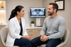 Dentist consulting a relaxed male patient in a dental office with X-ray on monitor.