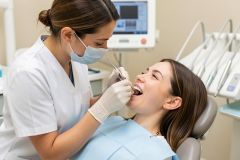 Dentist examines a smiling patient's teeth in a clinic chair, discussing cosmetic bite concerns.