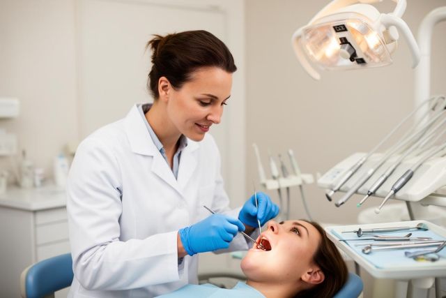 Dentist wearing gloves examining a patient's open mouth with a dental mirror and probe in a clinic.