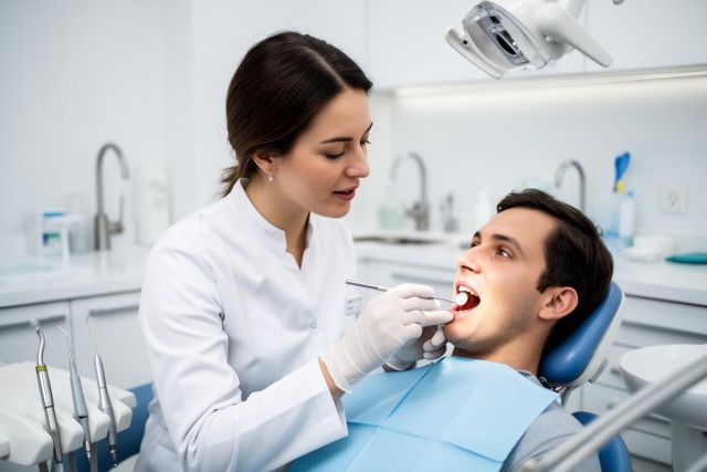 Dentist examines a patient's open mouth with a mirror and probe while the patient reclines in a clean dental operatory.
