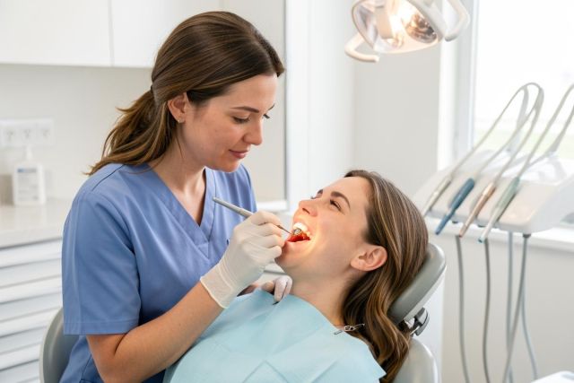 Dentist in scrubs examines a patient's teeth with a mirror and probe during a routine check.