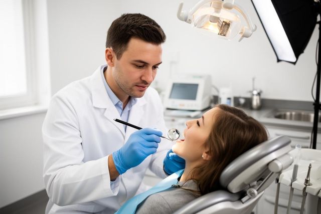 Dentist examining a patient's teeth with a dental mirror while patient reclines in a modern clinic chair.