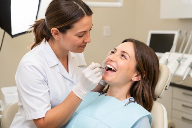 Dental patient smiling in a clinic as a clinician examines her teeth, illustrating cosmetic veneer consultation.