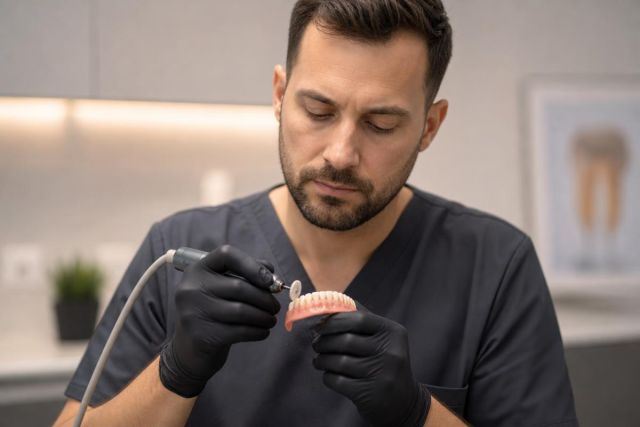 Dentist in clinic carefully adjusting a set of dentures with a handheld rotary tool.