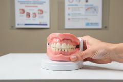 Hand holding a full-arch denture model on a white table in a dental clinic consultation room.