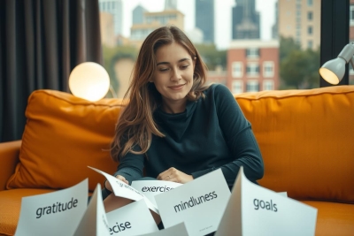 The image features a young woman sitting comfortably on an orange couch, looking at pieces of paper with various positive affirmations written on them. The environment suggests a modern and cozy living space.