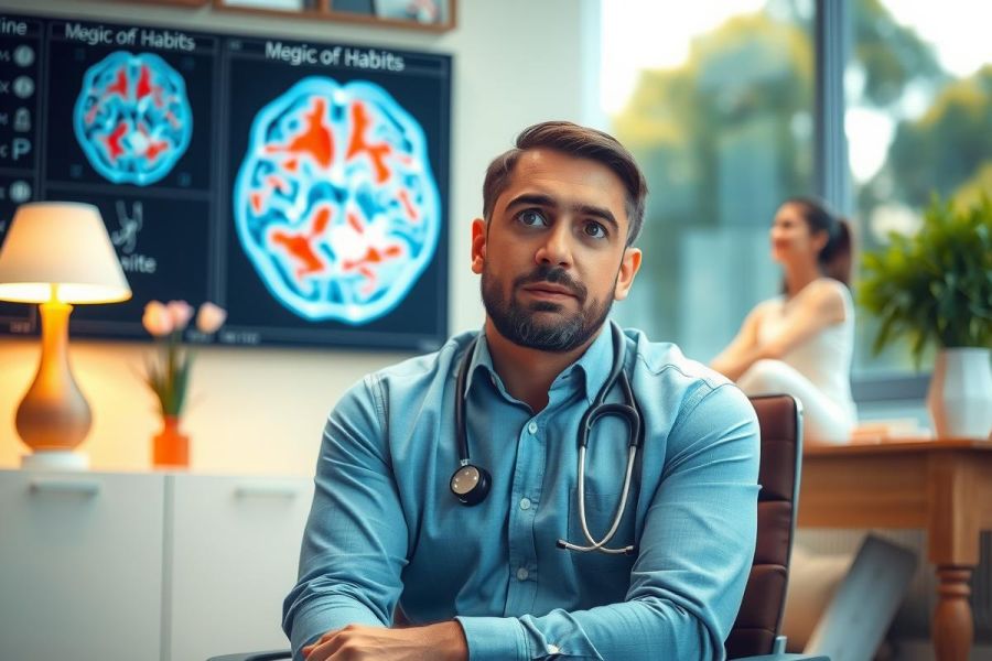 A man in a medical environment, dressed as a doctor, sitting with his arms crossed on a desk. He appears to be deep in thought or contemplation.