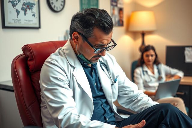 The image depicts a professional setting featuring two doctors, one male and one female. The male doctor is wearing glasses and appears to be sitting at a desk with an open laptop, looking down at the screen. 