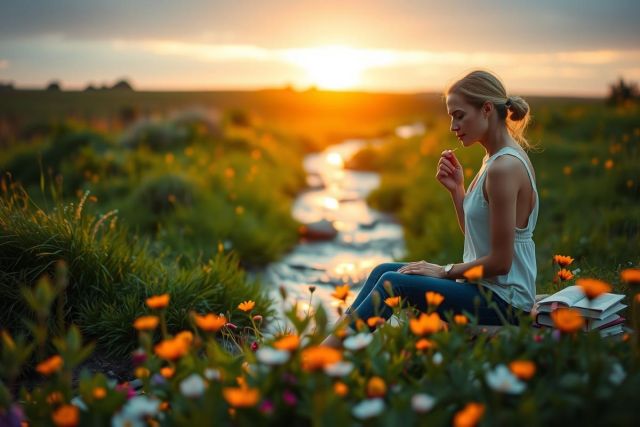 The image depicts a woman sitting on the edge of a stream during sunset. She is wearing a white top and seems to be enjoying a quiet moment in nature, with vibrant flowers around her, highlighting the peaceful setting.