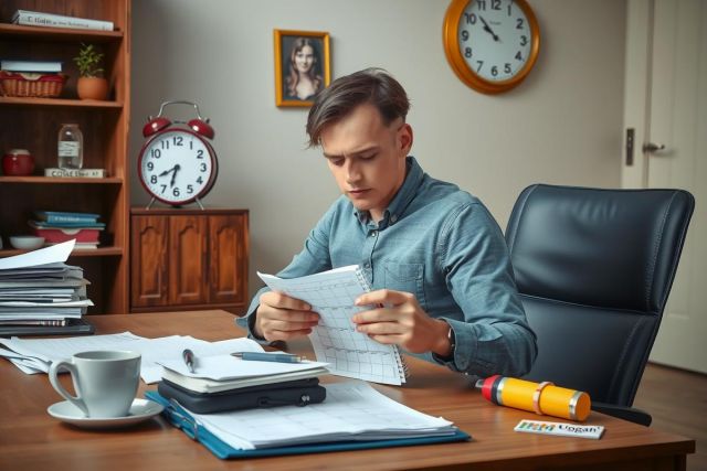 The image depicts a man sitting at a desk in an office environment. He is wearing a gray shirt and appears to be reading or writing on a piece of paper, which rests on top of a stack of documents. 