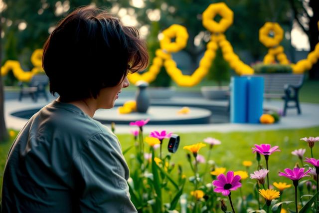 The image shows a person sitting in a park, facing away from the camera. The individual is looking down at a garden filled with vibrant flowers, including yellow and pink tulips, creating a serene atmosphere.