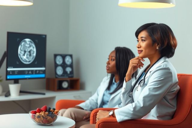 Two doctors in lab coats review medical images on a screen, discussing patient diagnostics in a modern office setting. The scene includes a bowl of fruit and an orange sofa, suggesting a relaxed consultation environment.