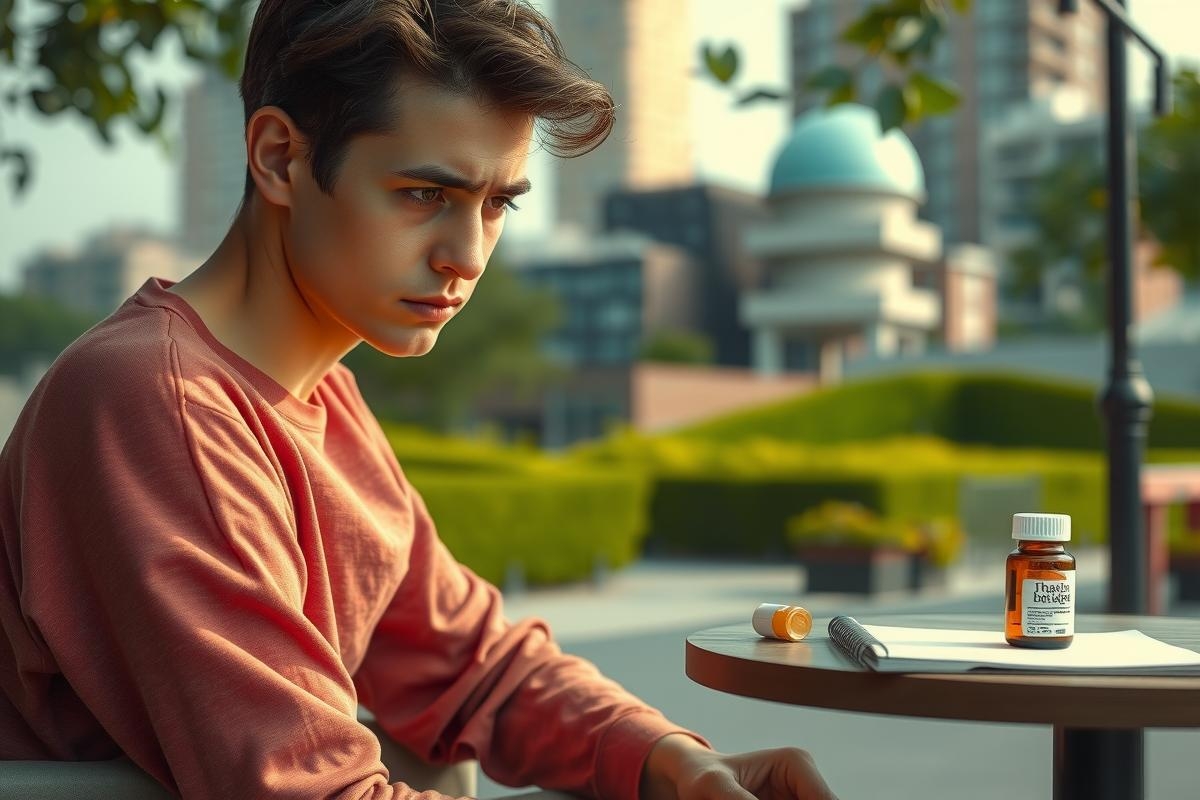 The image features a young man sitting at an outdoor table. He is dressed in casual clothing and appears to be lost in thought. The table has medication bottles on it, suggesting the man might have health concerns or he is involved in some medical issues.
