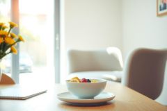 A bowl of fruit sits on a wooden table with a plate. The scene suggests a breakfast setting with a bright, airy feel. Warm tones and natural light enhance the peaceful ambiance.