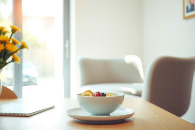 A bowl of fruit sits on a wooden table with a plate. The scene suggests a breakfast setting with a bright, airy feel. Warm tones and natural light enhance the peaceful ambiance.