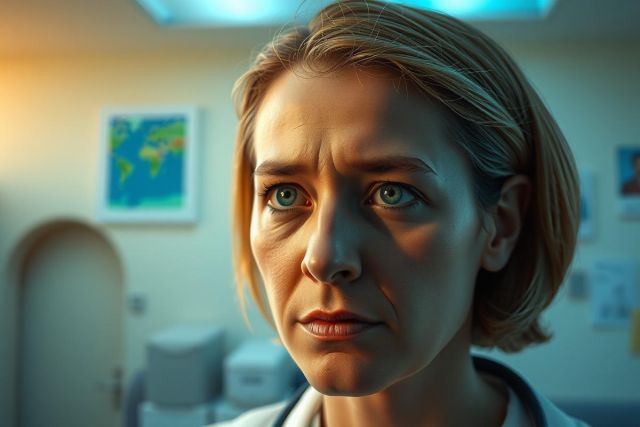 The image features a woman with short blonde hair, looking intently to the side. She is in an indoor environment that appears to be a clinical or professional setting, given the presence of medical equipment and signs on the wall. The colors are muted with warm tones dominating the scene. Her expression suggests concentration or deep thought.