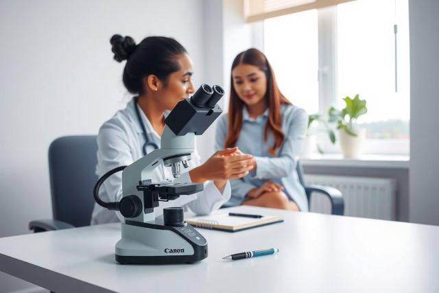 Two scientists examining a microscope in a laboratory setting. They are focused on research, with lab equipment and a notebook visible. The scene highlights scientific exploration and analysis.
