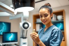 A healthcare professional in a blue scrubs uniform examines a vial in a bright, modern medical laboratory. The scene features clinical equipment and monitors, showcasing a focus on pharmaceuticals or research.