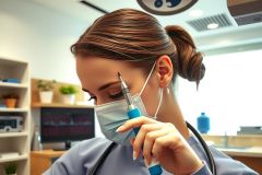 Healthcare professional wearing a mask, holding a stethoscope, in a medical office setting. The image highlights patient care and a clinical environment with monitoring equipment visible.