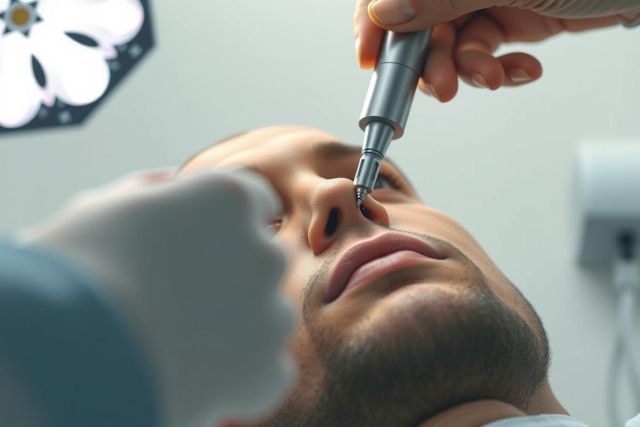 Close-up of a beauty treatment, likely microblading or a similar cosmetic procedure, being performed on a person's face. The image shows a handheld device and a focused, professional setting.