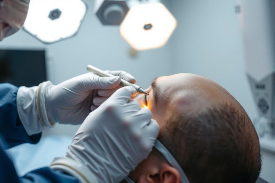 Close-up of an eye surgery procedure. A surgeon in gloves examines a patient's eye under bright surgical lights. Focus on precision and medical care.