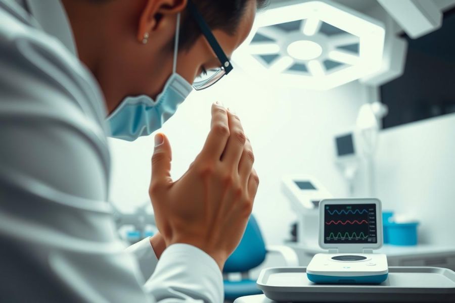 Doctor examining a patient in an operating room. Focus on medical equipment, monitors, and a sterile environment. Blue and white tones dominate the scene, highlighting the clinical setting.