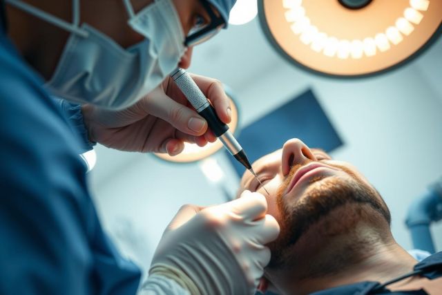 Close-up of a medical procedure, likely dental or cosmetic surgery, with a surgeon operating on a patient under bright surgical lights. Focus on precision and sterile environment.