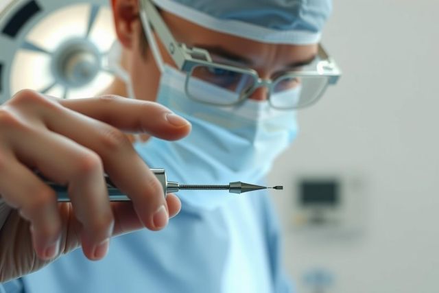 Surgeon in scrubs and mask holds a surgical instrument in a sterile operating room. Close-up view highlights precision and medical expertise.