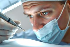 Close-up of a dentist or surgeon wearing a mask and gloves, using a dental tool under a bright light. Medical professional, healthcare, examination, procedure, close-up, dental, surgical.