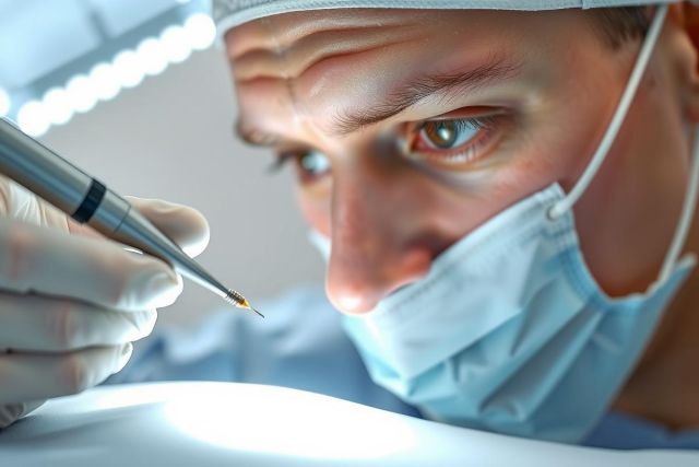 Close-up of a dentist or surgeon wearing a mask and gloves, using a dental tool under a bright light. Medical professional, healthcare, examination, procedure, close-up, dental, surgical.