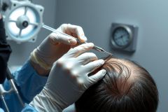 Close-up of a medical procedure, likely hair transplant or scalp biopsy. A doctor in gloves uses an instrument on a patient's head. Sterile environment with surgical lighting visible.