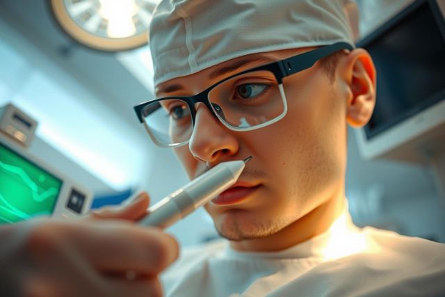 Surgeon in operating room, wearing glasses and surgical cap, holding a surgical instrument. Focus on medical procedure and healthcare environment.